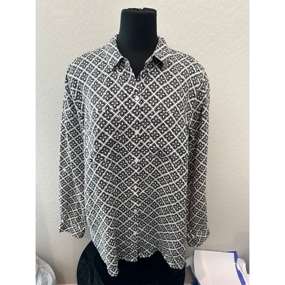 CHARTER CLUB Luxury Linen Shirt Black White Geometric Button Down Blouse Top XL - Picture 2 of 7